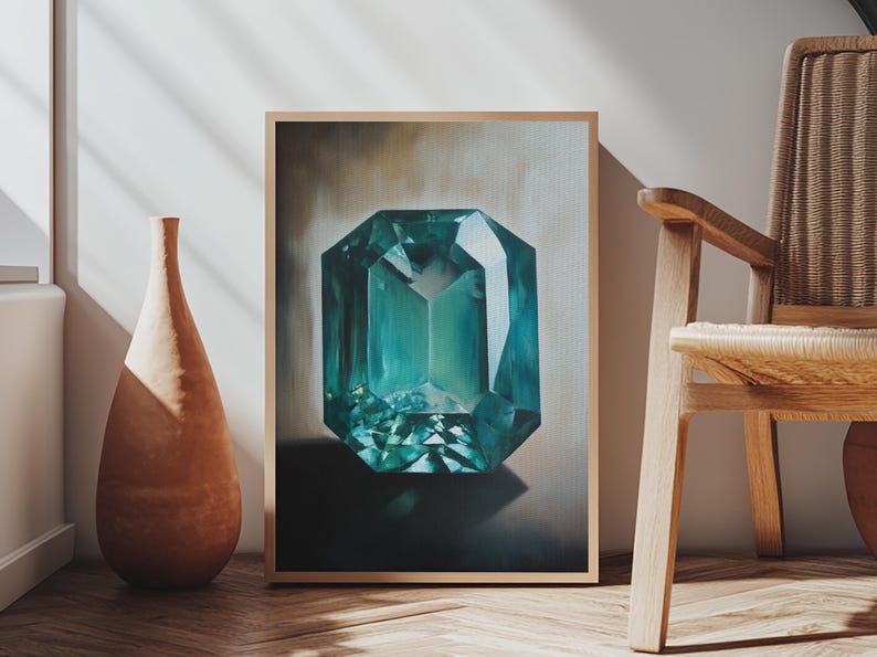 Watercolor Painting Print of an Emerald, Genstones Painting, Gemstone Painting, Emerald Wall Art, Emerald Green Home Decor, Kitsch Art immagine 14