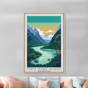 Franz Josef Glacier New Zealand Travel Poster Print Framed Canvas Print, New Zealand original Travel Art, Framed Art Wall Hanging Home Decor