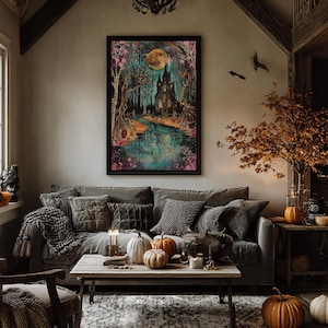 Haunted Castle by the Lake Framed Canvas Print, Halloween Wall Art, Spooky Art, Home Decor, Living Room Decor, Gothic Artwork, Creepy Castle image 3