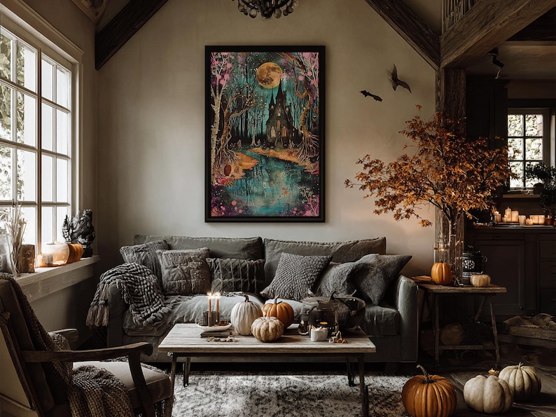 Haunted Castle by the Lake Framed Canvas Print, Halloween Wall Art, Spooky Art, Home Decor, Living Room Decor, Gothic Artwork, Creepy Castle image 3