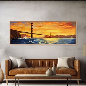 Golden Gate Bridge Abstract Panoramic Framed Canvas Print, Van Gogh Inspired Original Painting, Colorful California Wall Art