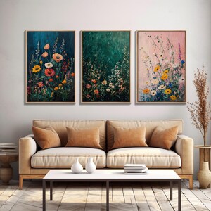 Wildflower Field 3 Piece Triptych Wall Art, Framed Canvas Print ...