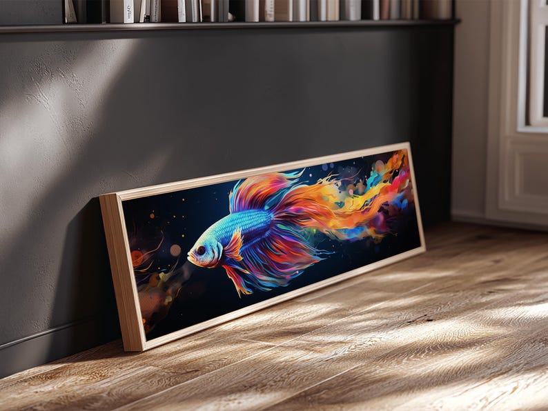 Pintura de pez Betta, arte mural, impresión en lienzo enmarcado, pez luchador siamés, arte mural de acuario, pintura colorida de pez mascota imagen 15