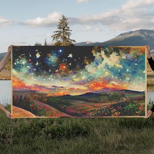 Starry Night Inspired Framed Canvas Print, Colorful Night Sky Painting Nature Painting Living Room Wall Art Spiritual Starry Painting