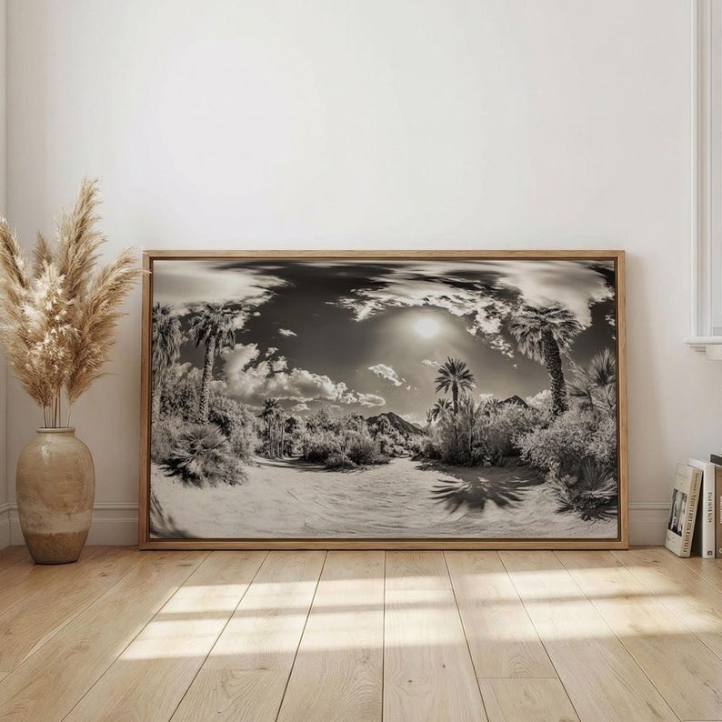 Desert Oasis, Palm Landscape, Nature Panorama, Framed Canvas Print ...