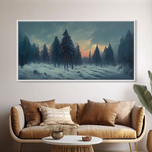 Snowy Forest, Dreamy Landscape Painting Canvas Print, country side, farmhouse decor, beautiful scenic wall art, golden hour