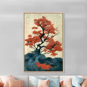 Japanese maple tree canvas print, vintage style wall art, woodblock print style wall art
