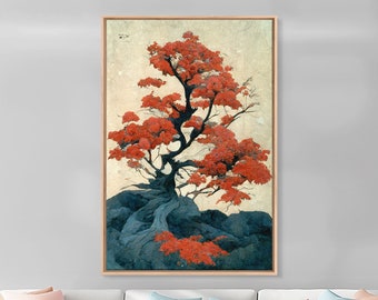 Japanese maple tree canvas print, vintage style wall art, woodblock print style wall art