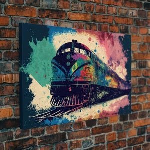 Train Art, Watercolor, Graffiti Pop Art, Framed Canvas Print, Modern Passenger Train Wall Decor, Train Conductor Art