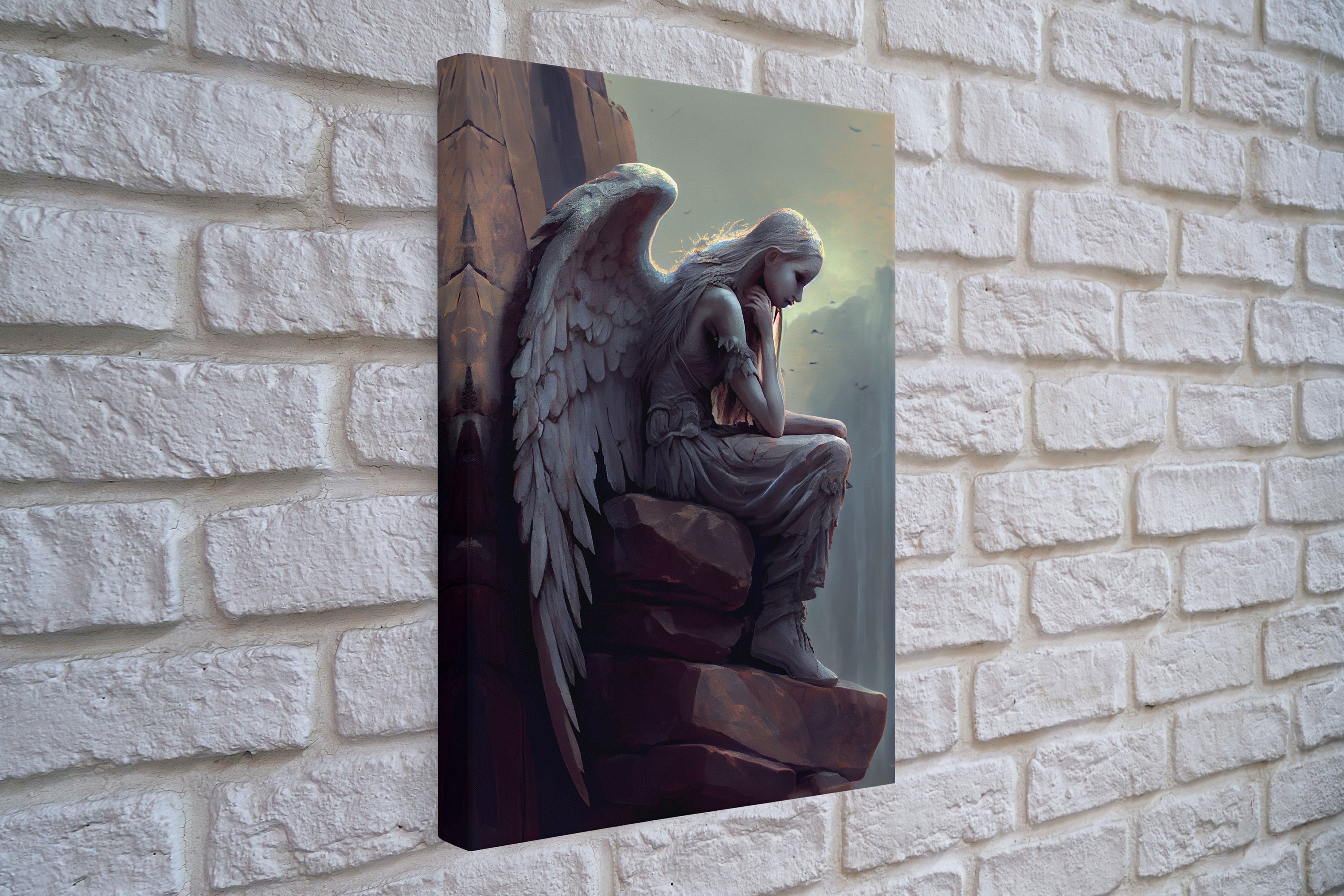 Sad angel sitting on a roof, angelic art, framed canvas