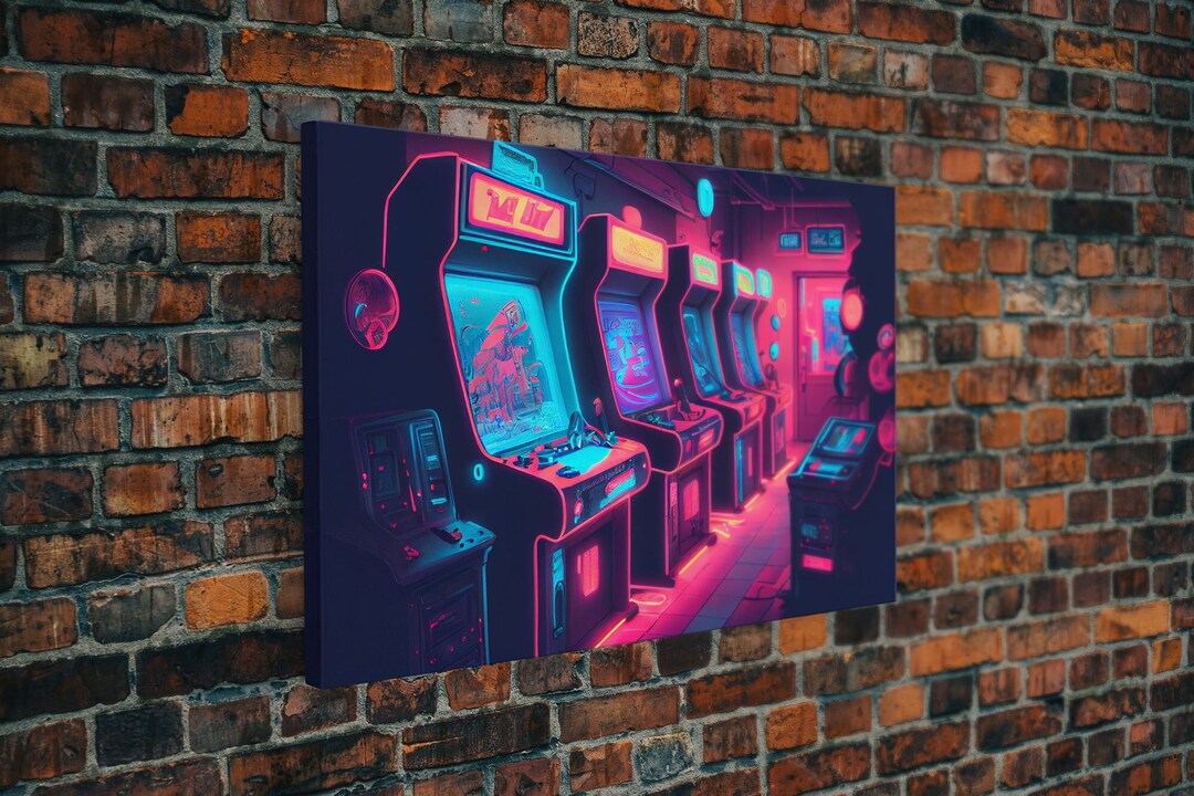 Synthwave Game Room Art, Neon Retro 90s Arcade Room Wall Art, Framed