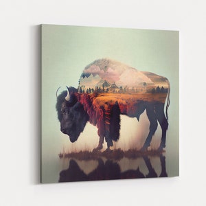 American Bison Double Exposure Art, Framed Canvas Print, American Buffalo and Plains, Western Decor, Farmhouse Art, Primitive Deco