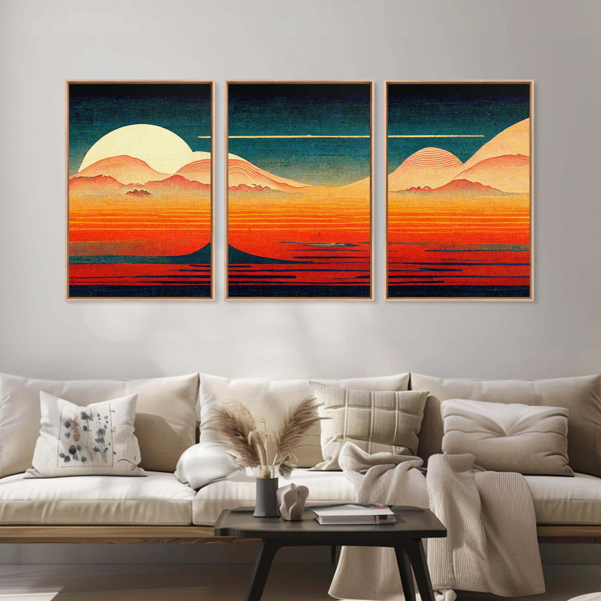Retro Japanese Style Sunset Art, A Storm Torrent, 3 Piece Wall Art