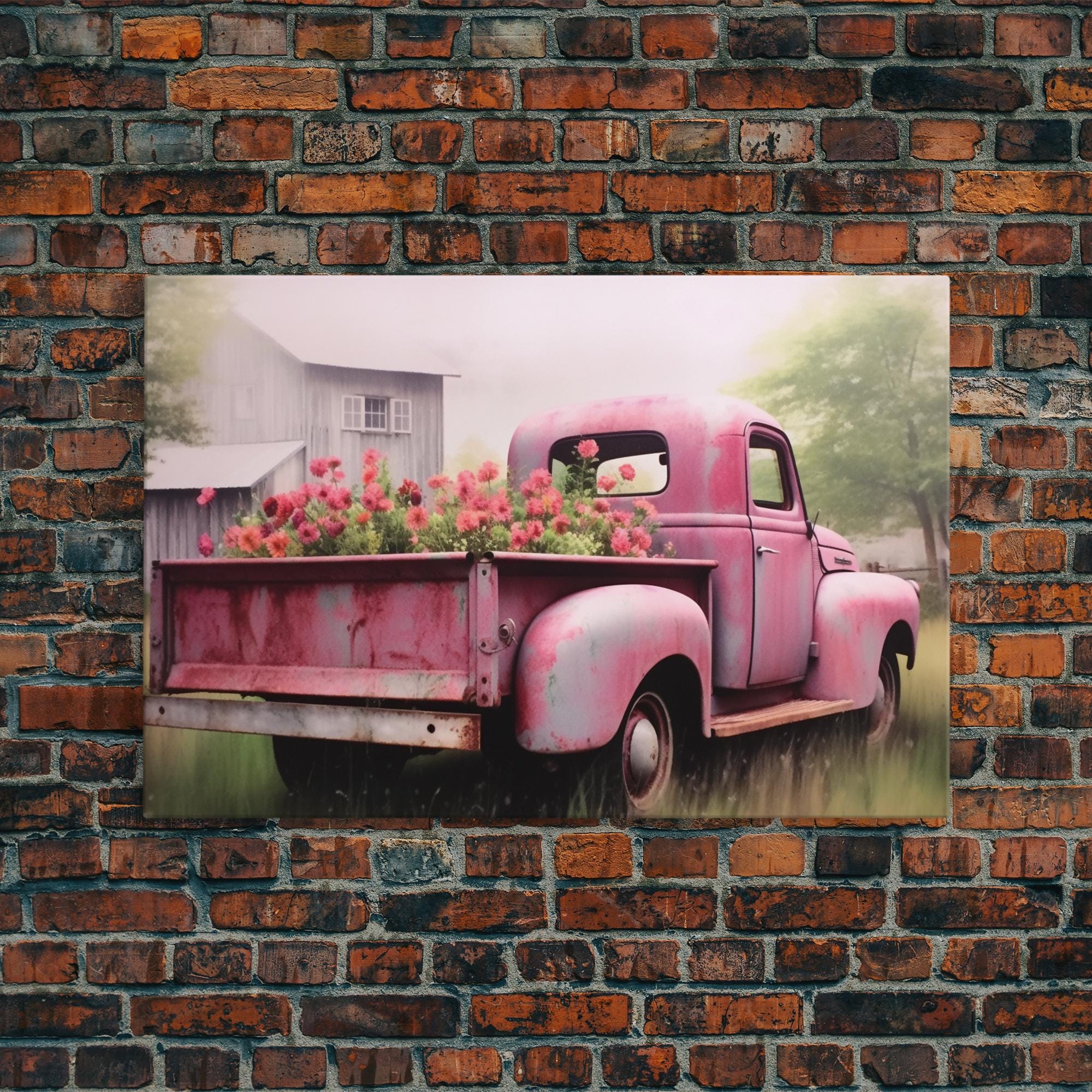 Old Pink Truck Used as a Flower Bed, Framed Canvas Print or Poster