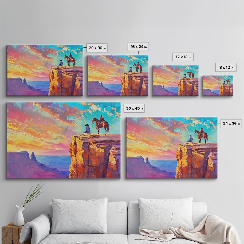 Wild West Art Print, Vintage / Retro Cowboy Wall Art, Framed Canvas or Metal Art, Midcentury Modern Watercolor Painting, Cowboy at Sunset image 8