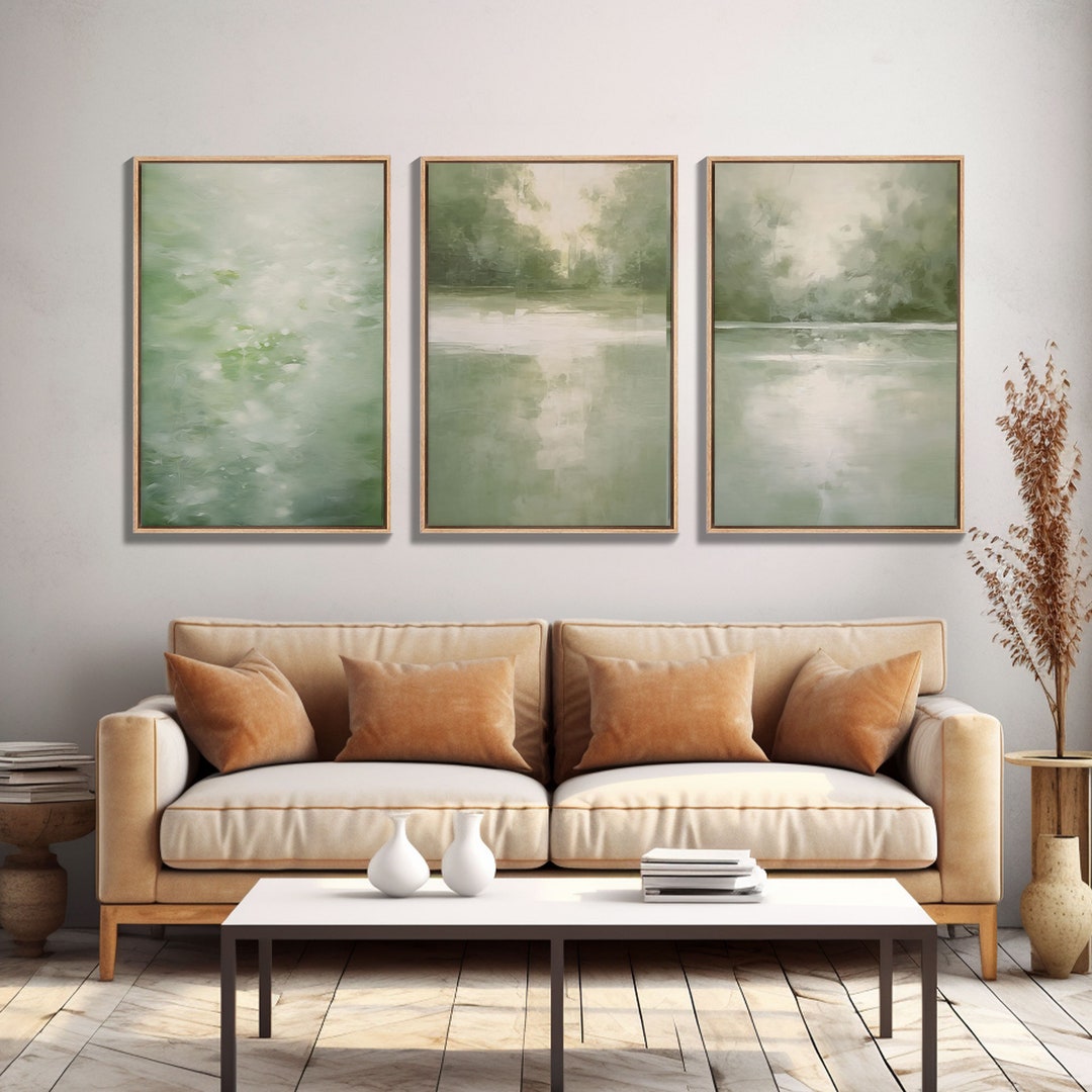Framed Canvas Wall Art Set of 3 Green Abstract Landscape Print Modern ...