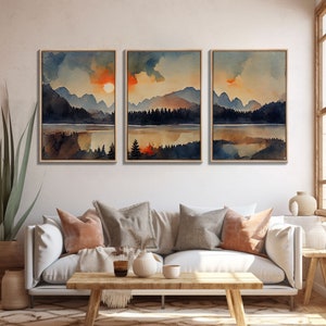 Watercolor Painting Of A Sunrise, Orange Forest and Mountain Landscape, 3 Piece Canvas Decor, 3 Piece Wall Art, Ready To Hang Canvas Prints