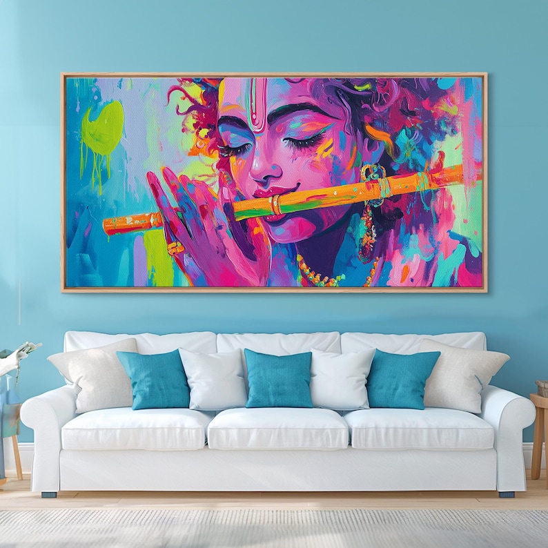 Radha Krishna Painting Print, Hindu Wall Art, Framed Canvas Print, Hinduism Wall Art, Krishna Wall Art, Krishna Playing A Flute afbeelding 6