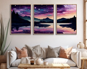 Fantasy Starry Night Magical Forest Landscape, 3 Piece Wall Art, Ready To Hang Canvas Print, Cool Unique Living Room Wall Art Decor