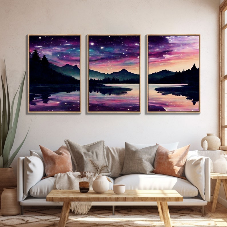 Fantasy Starry Night Magical Forest Landscape, 3 Piece Wall Art, Ready To Hang Canvas Print, Cool Unique Living Room Wall Art Decor image 2