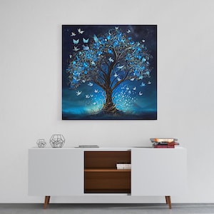 Glowing blue butterflies in a fantasy tree, framed canvas print, wall decor, cool wall art