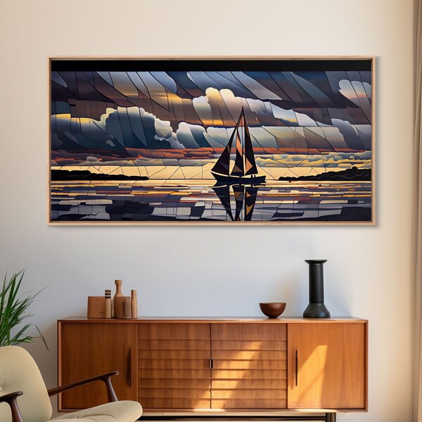 Art Deco Stained Glass Sail Boat Wall Art | Framed Canvas Print | Nautical Art | Seascape Art | Beach House Decor