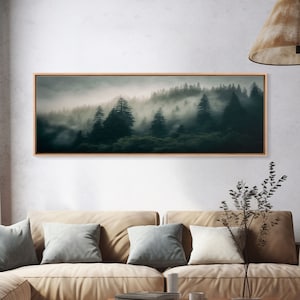 Panoramic watercolor of a misty forest fog, wall art, framed canvas print, farmhouse decor, foggy pine tree forest landscape, cabin art