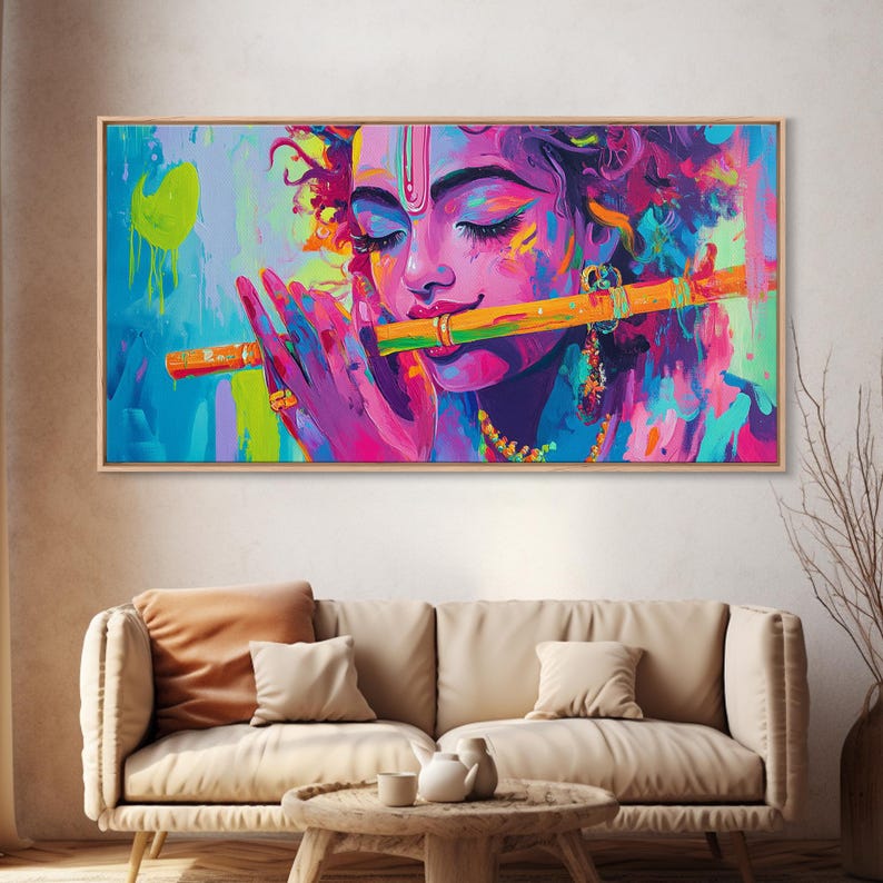 Radha Krishna Painting Print, Hindu Wall Art, Framed Canvas Print, Hinduism Wall Art, Krishna Wall Art, Krishna Playing A Flute afbeelding 17