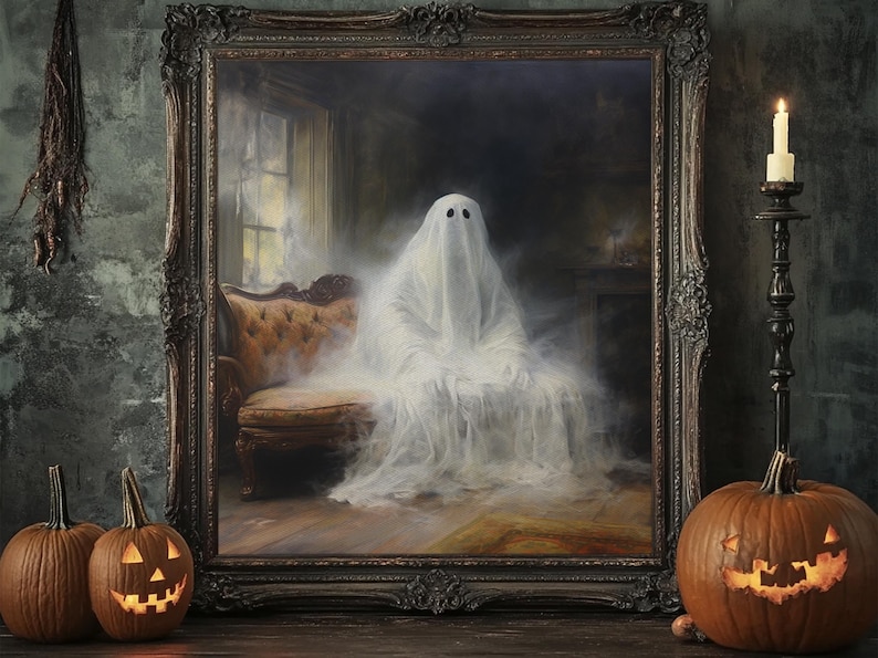 The Ghost Sits On The Sofa, Framed Canvas or Canvas Print, Gothic Victorian Halloween Painting, Cool Halloween Decor image 7