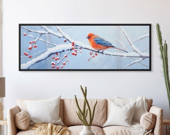 Panoramic Print of a Bluebird In A Snow Storm, Winter Decor, Christmas Centerpiece, Beautiful Animal Print, Animal Painting, Canvas Print
