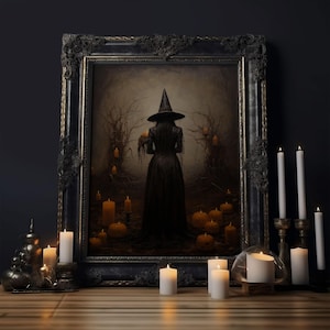 Vintage Halloween Witch Art, Halloween Canvas Printed / Framed Canvas, Witchy Decor, Witchcraft, Dark Academia Macabre Goth Art