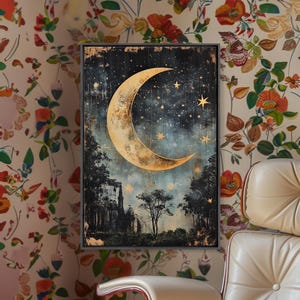 Mystical Moon Painting Print, Folk Art Canvas Print, Eerie Atmospheric ...