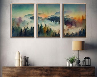 Dramatic Watercolor Sunset Landscape Abstract, Landscape Art, 3 Piece Canvas Decor, 3 Piece Wall Art, Ready To Hang Canvas Prints, Colorful