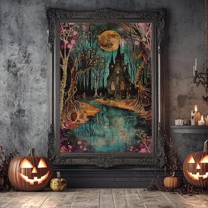 Haunted Castle by the Lake Framed Canvas Print, Halloween Wall Art, Spooky Art, Home Decor, Living Room Decor, Gothic Artwork, Creepy Castle image 19