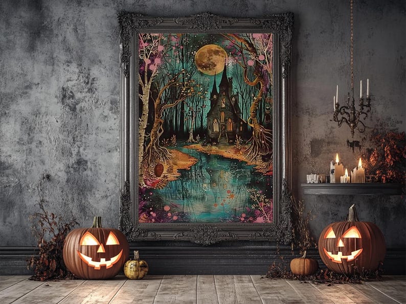 Haunted Castle by the Lake Framed Canvas Print, Halloween Wall Art, Spooky Art, Home Decor, Living Room Decor, Gothic Artwork, Creepy Castle image 19