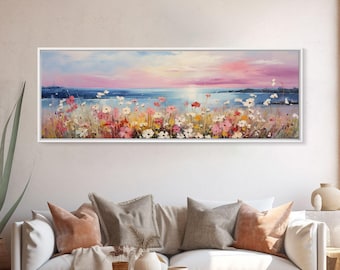 Colorful Vintage Wildflower Field Wall Art, Framed Canvas Print, Field Of Flowers Art, Botanical Wildflower Art, Wood Frame Wall Decor