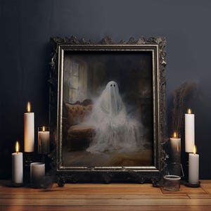 The Ghost Sits On The Sofa, Framed Canvas or Canvas Print, Gothic Victorian Halloween Painting, Cool Halloween Decor image 1