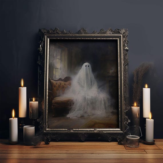 The Ghost Sits On The Sofa, Framed Canvas or Canvas Print, Gothic Victorian Halloween Painting, Cool Halloween Decor