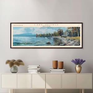 Lake George New York Framed Canvas Print, Lake House Decor, Panoramic Wall Art, Travel Poster, Stunning Landscape Painting, Home Art