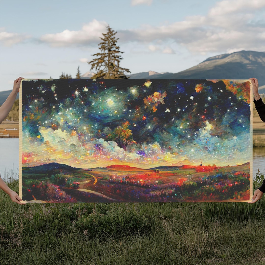Night Starry Sky Landscape on Canvas Print Colorful Night Sky Painting ...