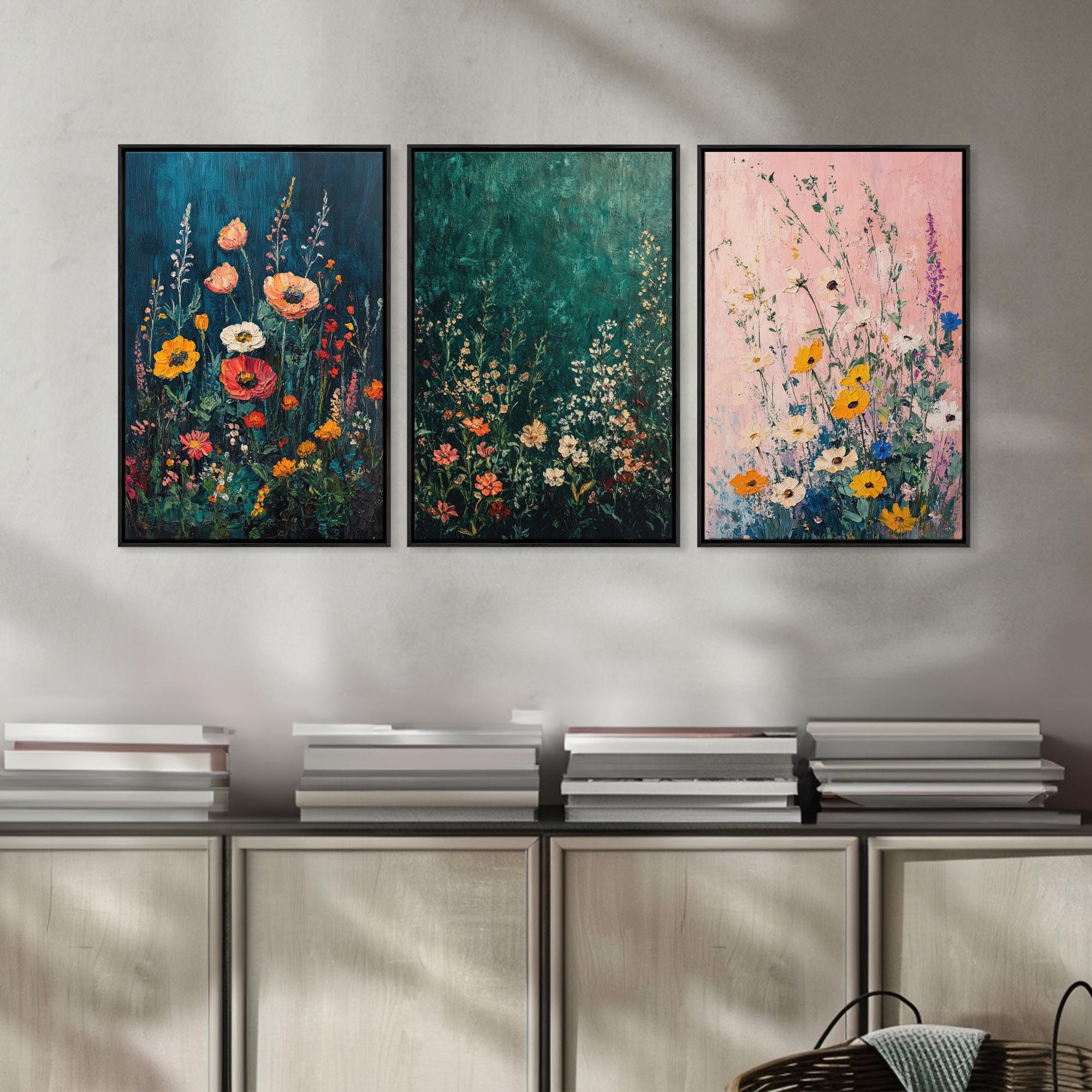 Wildflower Field 3 Piece Triptych Wall Art, Framed Canvas Print ...