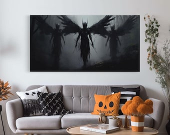 Fallen Angels Canvas Print, Framed Wall Art, Halloween Decor, Angelic Art, Halloween Art Prints, Charcoal Sketch, Unique Wall Decor
