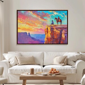 Wild West Art Print, Vintage / Retro Cowboy Wall Art, Framed Canvas or Metal Art, Midcentury Modern Watercolor Painting, Cowboy at Sunset image 6