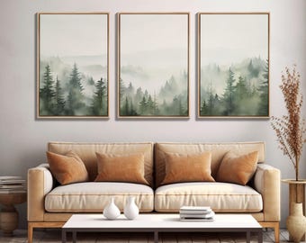 Framed Canvas Wall Art Set of 3 Emerald Green Pine Tree Mountain Range Nature Landscape Prints Minimalist Modern Art Woodland Nursery Decor