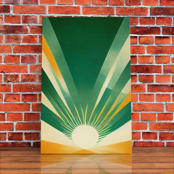 Emerald Green Sun Burst, Art Deco Style, Framed Canvas Print, Ready To Hang Framed Wall Art, Living Room Wall Hanging