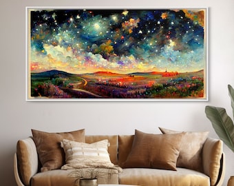 Night Starry Sky Landscape On Canvas Print Colorful Night Sky Painting Nature Painting Living Room Wall Art Spiritual Starry Painting