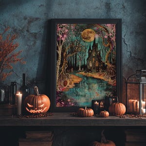 Haunted Castle by the Lake Framed Canvas Print, Halloween Wall Art, Spooky Art, Home Decor, Living Room Decor, Gothic Artwork, Creepy Castle image 2