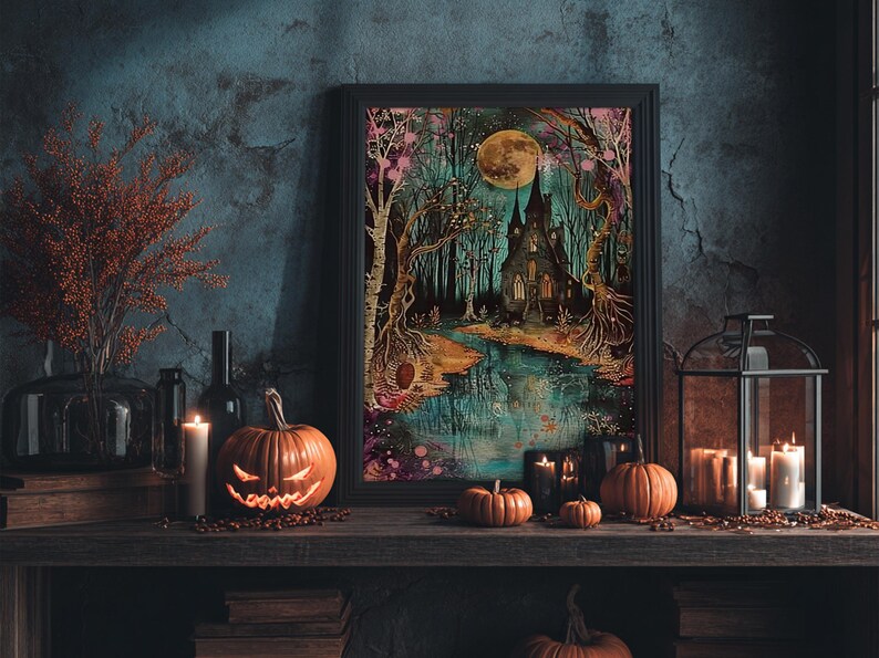 Haunted Castle by the Lake Framed Canvas Print, Halloween Wall Art, Spooky Art, Home Decor, Living Room Decor, Gothic Artwork, Creepy Castle image 2