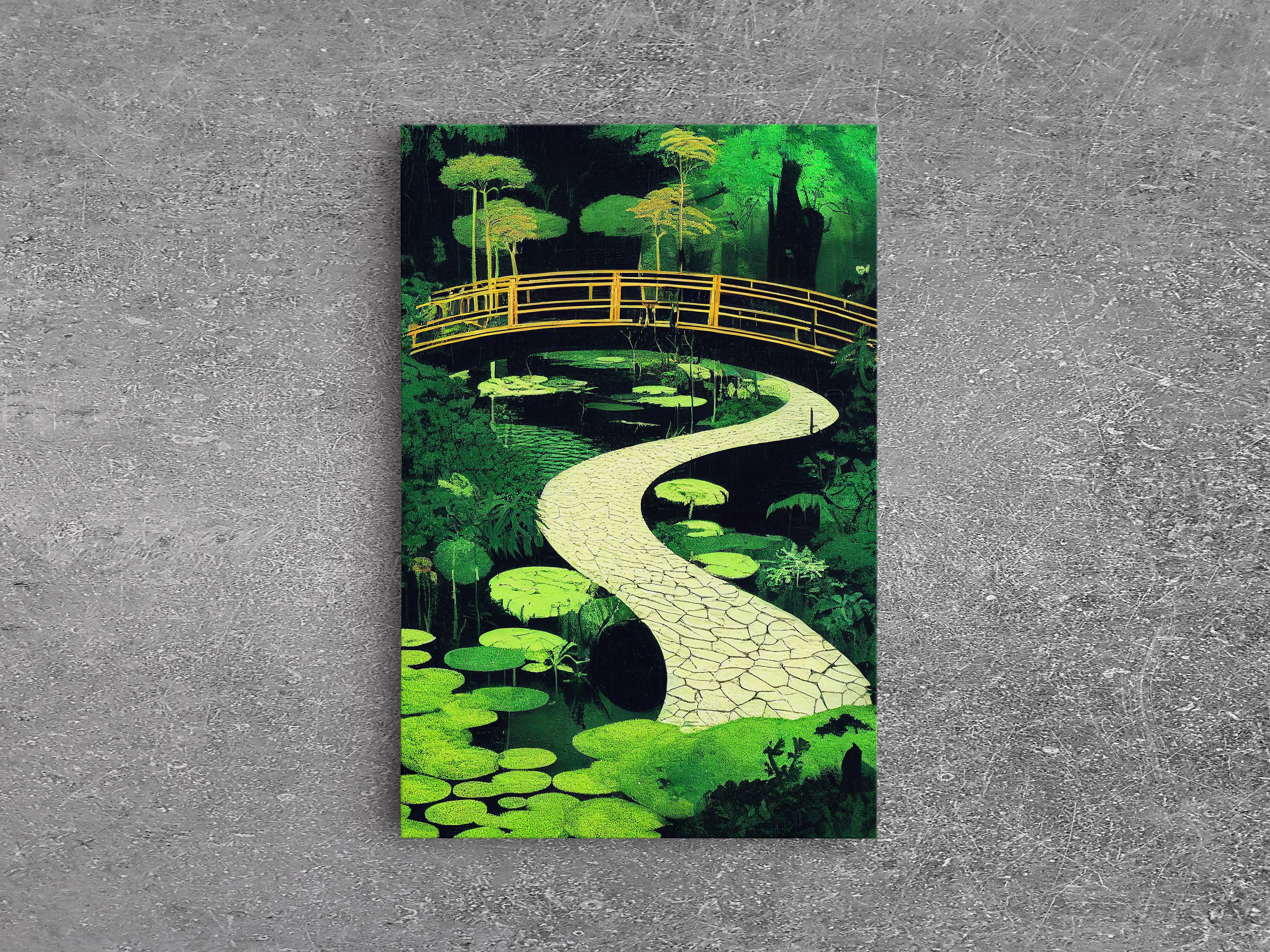 Emerald Green Japanese Zen Garden Art, Framed Canvas Print