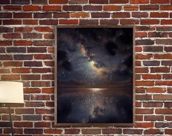 Ocean Reflection Night Sky Stars Galaxy Fine Art Print, Wall Art Print, Wall Poster, Wall Decor